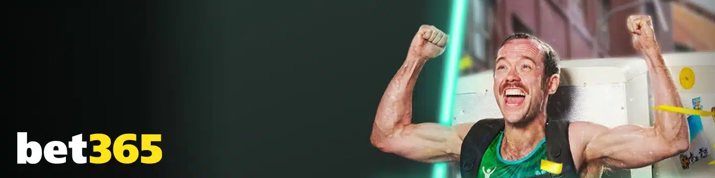 Bet365 logo in the bottom left corner. The main image shows a triumphant man with a mustache, raising his fist in the air with excitement. He is sweating, suggesting physical exertion, and wearing a green athletic tank top and a black backpack. The background has green and black diagonal lines and a bright green light.