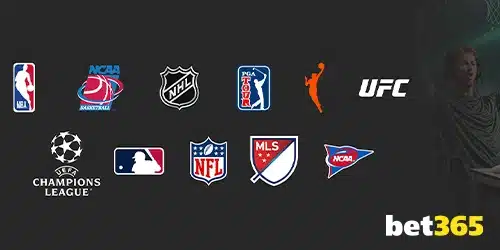 Bet365 logo on a dark background with various sports league and organization logos, including NBA, NCAA Basketball, NHL, PGA Tour, WNBA, UFC, Champions League, MLB, NFL, MLS, and NCAA. The logos represent the diverse sports betting markets offered by Bet365.