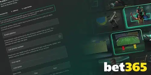 Pennsylvaniabettinghub Pennsylvaniabettinghub Bet365 registration form and interface displaying various sports betting scenarios. The form includes fields for personal information like email address, phone number, name, and date of birth. The interface shows different sports like football and other gaming elements