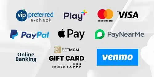 betmgm-sports-banking Accepted payment methods, including VIP Preferred e-check, Play+, Mastercard, Visa, PayPal, Apple Pay, PayNearMe, Online Banking, BetMGM Gift Card, and Venmo.