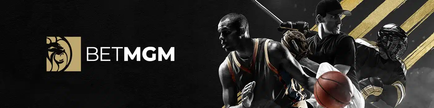 BetMGM logo positioned on the left side of the image. The right side features a montage of athletes from various sports, including basketball, hockey, and baseball, in dynamic action poses, set against a dark background with golden accents