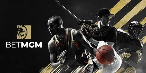 BetMGM logo positioned on the left side of the image. The right side features a montage of athletes from various sports, including basketball, hockey, and baseball, in dynamic action poses, set against a dark background with golden accents