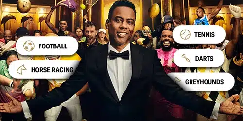 betmgm-sports-games Comedian Chris Rock in a tuxedo surrounded by cheering sports fans. Overlaid on the image are buttons for various sports betting options: Football, Horse Racing, Tennis, Darts, and Greyhounds.