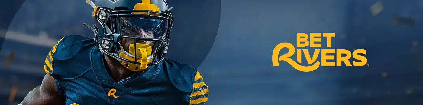 BetRivers logo next to an image of a football player in action. The player is wearing a blue and yellow uniform and helmet, carrying a football. The background is a dark, blurred stadium setting