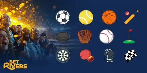 BetRivers Pennsylvania logo with a variety of sports icons including a soccer ball, tennis ball, basketball, cricket bat and ball, hockey puck, baseball glove, baseball, golf flag, boxing glove, racing gloves, and a checkered flag, set against a backdrop of cheering fans