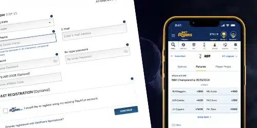 BetRivers online registration form and mobile app interface showing NBA futures betting. The registration form includes fields for gambling state, screen name, email, password, and affiliate code. The mobile app displays NBA Championship odds for the 2023/2024 season
