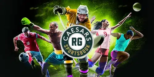 Caesars Sportsbook logo is displayed prominently with images of athletes from various sports, including soccer, boxing, hockey, volleyball, and basketball. The athletes are shown in action poses, conveying a sense of excitement and competition.