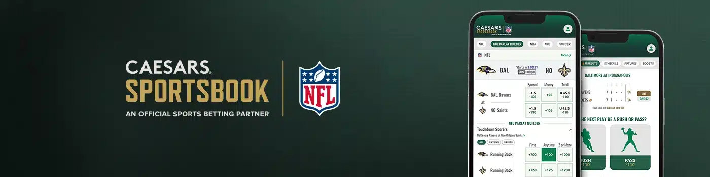 Caesars Sportsbook branding with the text 'AN OFFICIAL SPORTS BETTING PARTNER' and the NFL logo. A smartphone displays the Caesars Sportsbook app with NFL game odds and a parlay builder feature