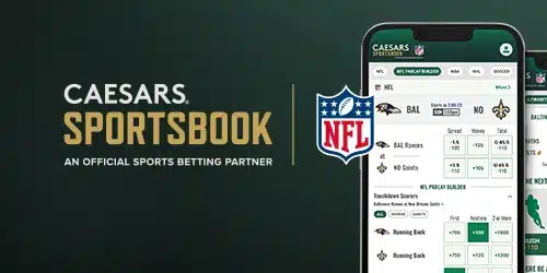 Caesars Sportsbook branding with the text 'AN OFFICIAL SPORTS BETTING PARTNER' and the NFL logo. A smartphone displays the Caesars Sportsbook app with NFL game odds and a parlay builder feature