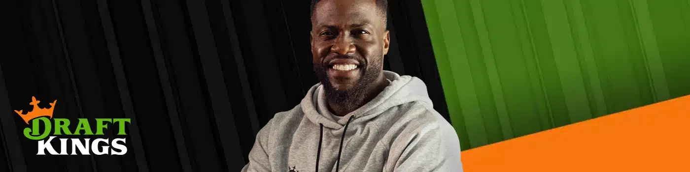 Kevin Hart smiling and wearing a gray hoodie with his arms crossed. The DraftKings logo is visible in the bottom left corner. The background features a split design with black stripes on the left and green stripes on the right, meeting an orange diagonal stripe at the bottom.