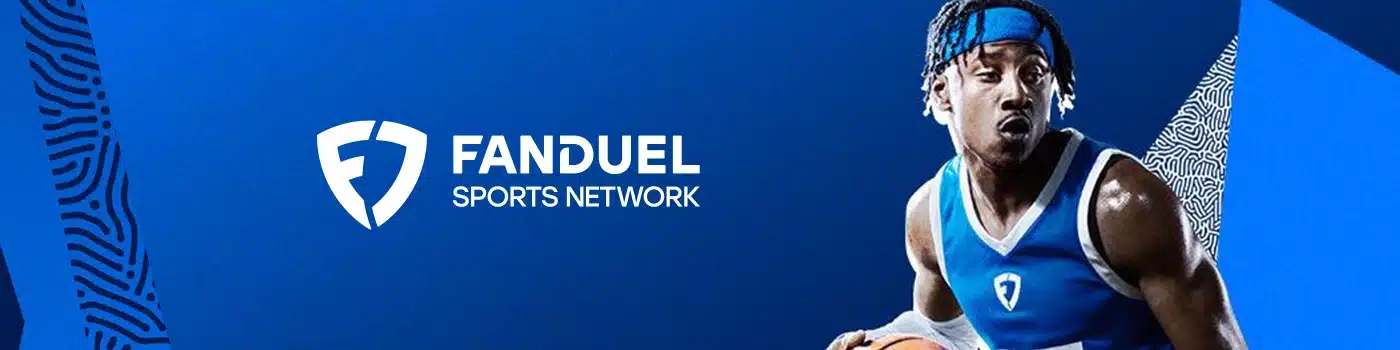 FanDuel Sports Network logo on a dark blue background with abstract white patterns. A basketball player in a blue jersey and headband is shown dribbling a basketball, looking intensely towards the side.