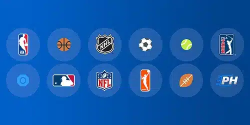 Icons representing various sports and leagues, including NBA, basketball, NHL, soccer, tennis, PGA Tour, baseball, NFL, basketball player dunking, football, and PH. These likely represent sports betting markets available on a platform like FanDuel